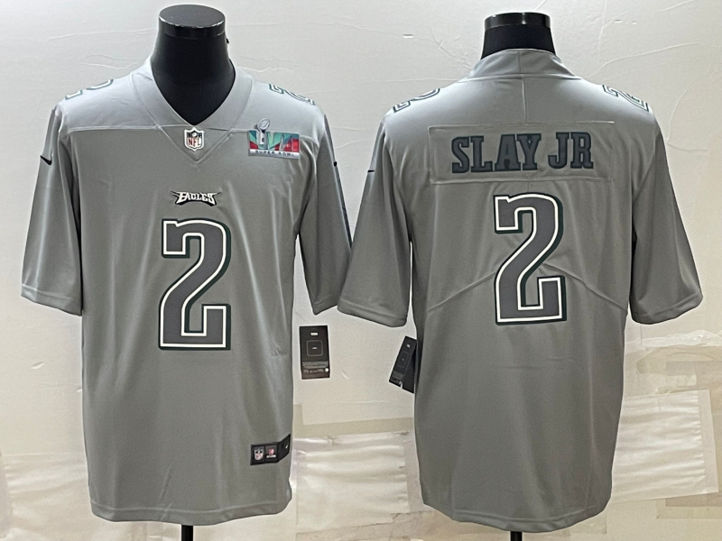 Men's Philadelphia Eagles #2 Darius Slay JR Gray Super Bowl LVII Patch Atmosphere Fashion Stitched Jersey Men's Philadelphia Eagles #2 Darius Slay JR Gray Super Bowl LVII Patch Atmosphere Fashion Stitched Jersey